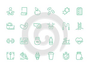 Sport icons. Health fitness nutrition and items trainer fit coaching dieting yoga vector symbols