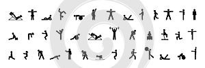 Sport icons, silhouettes set, people do gymnastics, gym illustration