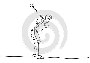 Sport illustration of golf player. Continuous one line drawing, a man playing golf game