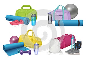 Sport items. Equipment for workout fitness or gym activities decent vector realistic sport bags and accessories