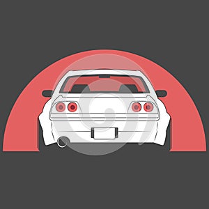 Sport japan car on red sun background. Car sketch. Back view.