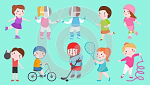 Sport kids characters boys and girls sportsmen play games kids activity children playing various sports games hockey