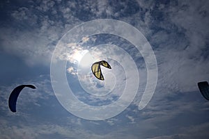 Sport kites high in the sky against the sun