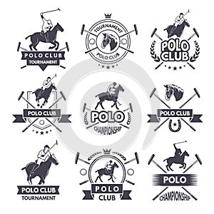 Sport labels for polo games. Monochrome silhouette of jockey and horse