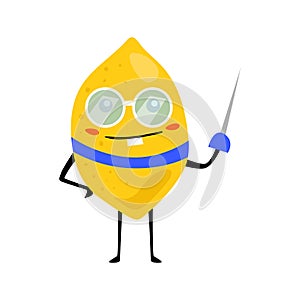 Sport lemon fencing character with glass. Funny fruit food on sport exercises, fitness vitaminic human healthy nutrition
