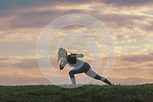 Sport and life achievements, Winning, success, life goals concept. Sporty girl giving thumbs up Morning workout beautiful sunrise