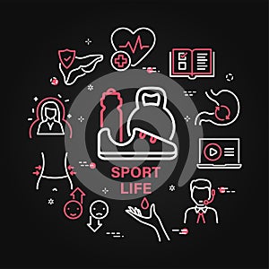 Sport life circular vector black banner. Linear healthy life icons in circle design