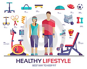 Sport life style infographic device equipment. Fitness icon. Fitness equipment icons gym exercise set