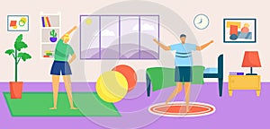 Sport lifestyle, family workout at flat morning concept vector illustration. Couple character training at home, make