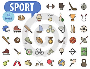 Sport line icons. Vector set of colorful sport tools and equipment, balls, healthy lifestyle