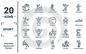 sport linear icon set. includes thin line baseball glove, discus throw, powerlifting, judo, unicycling handball, tennis ball,