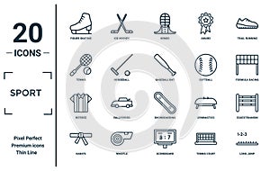 sport linear icon set. includes thin line figure skating, tennis, referee, karate, long jump, baseball bat, equestrianism icons