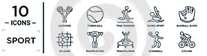 sport linear icon set. includes thin line lacrosse, trail running, baseball glove, powerlifting, dodgeball, cycling, go game icons