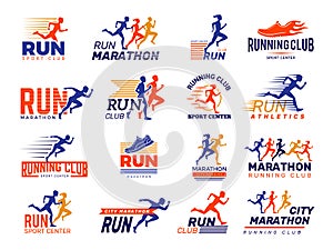 Sport logo. Healthy running marathon athletes sprinting badges vector collection isolated