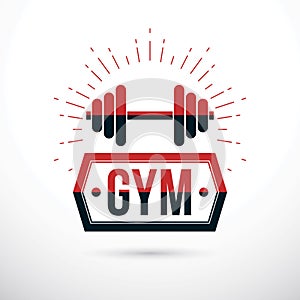 Sport logo for weightlifting gym and fitness club, vector illustration of dumbbell photo