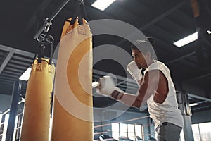 Sport. Man Boxing At Gym. Handsome Asian Sportsman Punching Bag At Fitness Center.