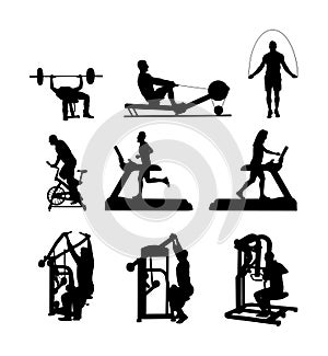 Sport man exercises on gym fitness machine  silhouette. Pressure for chest, legs. Pull down, stretching, worming up activity