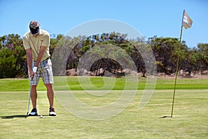 Sport, man and golfer on course outdoor for playing, performance or game with fitness or wellness. Athlete, mature