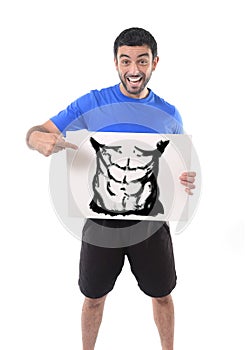 Sport man holding billboard with six pack abdomen draw advertising marketing of gym fitness club