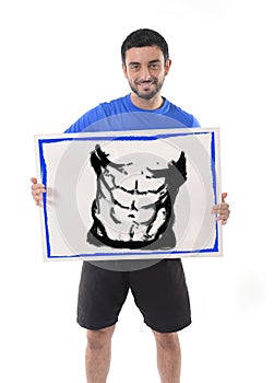 Sport man holding billboard with six pack abdomen draw advertising marketing of gym fitness club