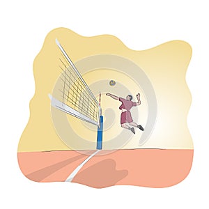Sport man jumping high for spike while playing volleyball in court hand drawn illustration vector