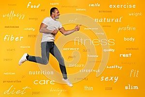 Sport man jumps on a yellow background. Happy and joyful expression. With most important fitness and diet terms