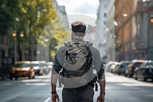Sport man rucking and walking at street in modern city. Generative AI