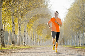 Sport man running outdoors in off road trail ground with trees under beautiful Autumn sunlight