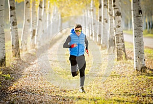 Sport man running outdoors in off road trail ground with trees under beautiful Autumn sunlight