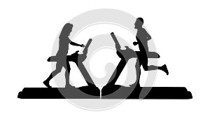 Sport man running on treadmill in gym  silhouette. Boy on running track cardio training. Fitness lady instructor trainer.