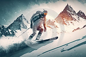 Sport man skiing on snow mountain in winter . Active and extreme sport .