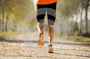 Sport man with strong calves muscle running outdoors in off road trail ground with trees under beautiful Autumn sunlight