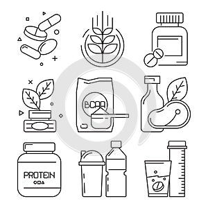 Sport medication icons. Whey multivitamin pills drinks supplement dietary fitness food vector linear symbols