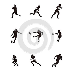 sport men playing rugby cartoon illustrations silhouette set - football player playing rugby silhouette set