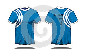 Sport Men`s t-shirt with short sleeve in front and back view. Blue with white stripe and Editable color design. Mock up of sport