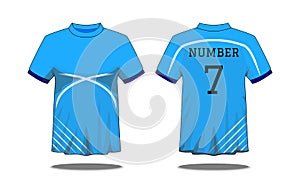 Sport Men`s t-shirt with short sleeve in front and back views. Blue with white stripes and Editable color design. Mock up of spor