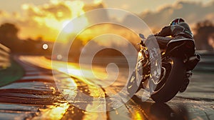 Sport Motorcycle on a Racetrack at Sunset. Generative ai