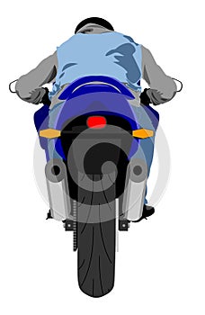 Sport motorcycle with rider rear view isolated vector illustration