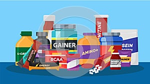 Sport nutrition biologically active additives supplements vector illustration. Jars with sport nutrition pills for