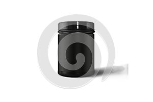 Sport nutrition container without label. Whey protein and mass gainer black plastic jar isolated on white background.