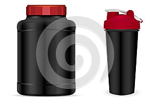 Sport nutrition container. Plastic jar, shaker