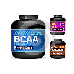 Sport Nutrition Containers. Branched-Chain Amino Acids set. Black cans collection with BCAA. Jar label on white