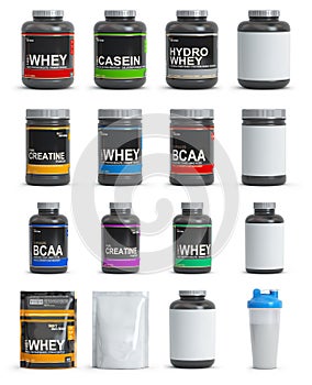 Sport nutrition containers. Set of templates of jars and packs of differnt types. Whey, bcaa and creatine photo