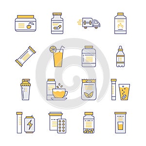 Sport nutrition flat line icons. Bodybuilding food, energy bar, protein, amino acids, anabolic, vitamins. Thin linear
