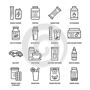 Sport nutrition flat line icons. Bodybuilding food, energy bar, protein, amino acids, anabolic, vitamins. Thin linear