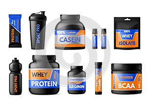 Sport nutrition labels. Bodybuilders food supplements, plastic packages with whey protein and creatine, vitamins and