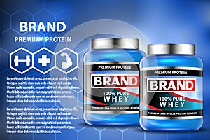 Sport nutrition product containers ad. Weight gainers set. Whey protein bottles. 3D vector product packaging. Jars of