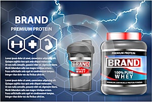 Sport nutrition product containers ad. Weight gainers set. Whey protein bottles. 3D vector product packaging. Jars of