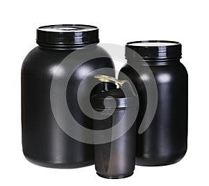 Sport Nutrition Set, Whey Protein and Gainer. Black Plastic Jars