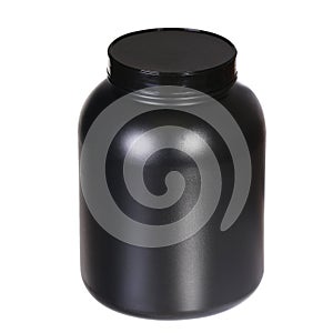 Sport Nutrition, Whey Protein or Gainer. Black Plastic Jar photo